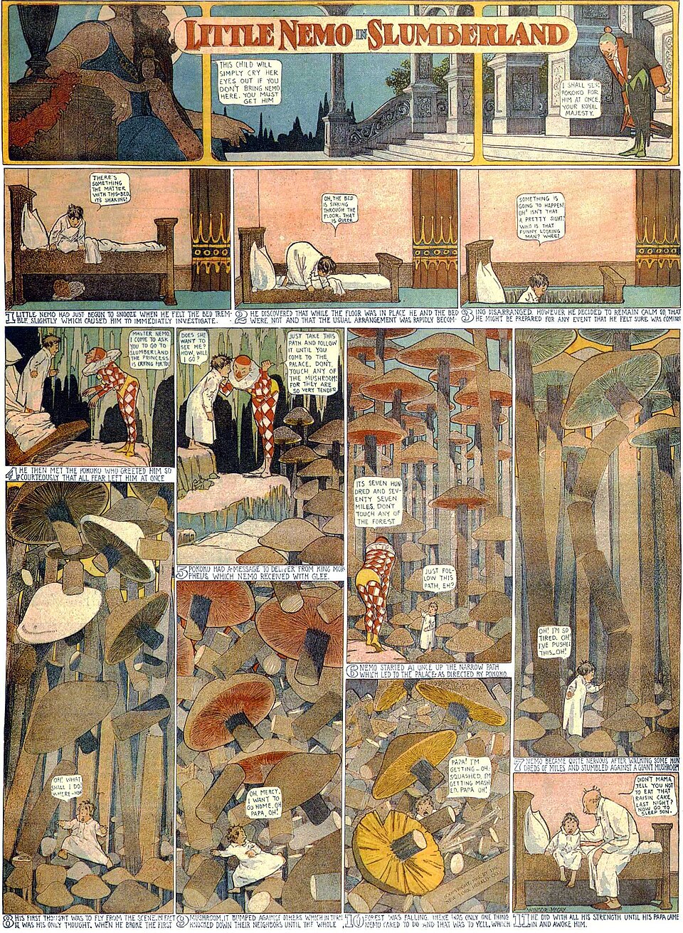 Winsor McCay《小尼莫梦游记》(Little Nemo in Slumberland)，1905 年报纸彩色版页 —— 早期美式连环画的全彩构图与线稿典范（公有领域，来源 Wikimedia Commons）