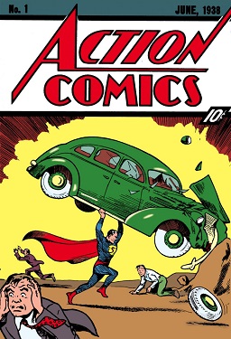 《动作漫画》(Action Comics) 第 1 期封面（1938，超人首秀）—— 早期四色印刷下的高饱和平涂上色（合理使用 Fair use，仅供学习参考）