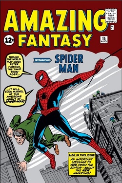 《神奇幻想》(Amazing Fantasy) 第 15 期封面（1962，蜘蛛侠首秀）—— 白银时代超级英雄漫画的典型封面（合理使用 Fair use，仅供学习参考）