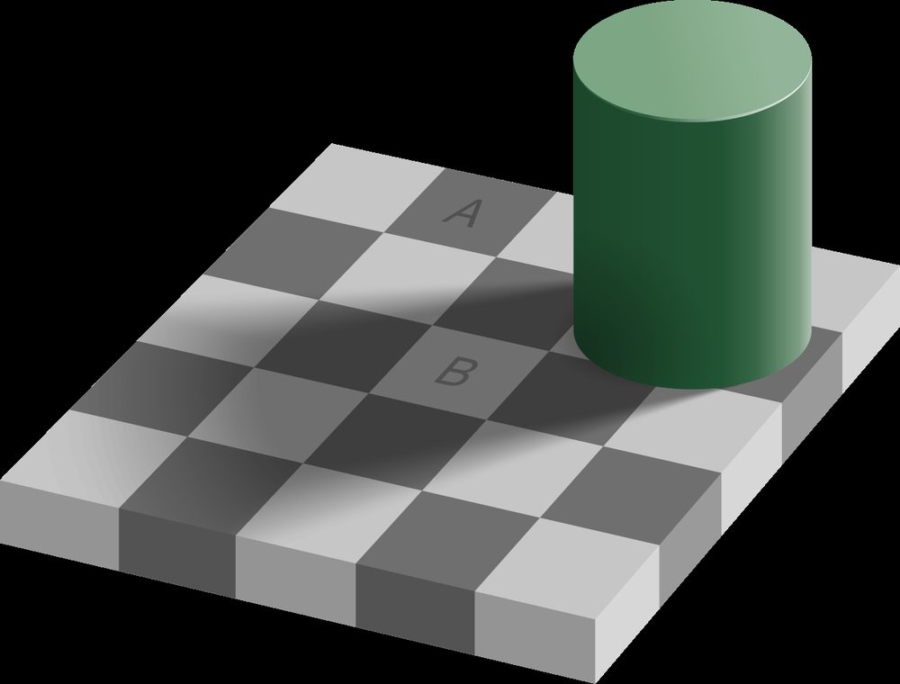 棋盘阴影错觉：A 与 B 两个方块的实际灰度相同