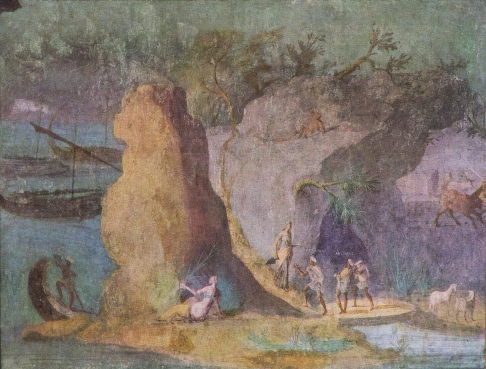 罗马《奥德赛风景》壁画:左侧远处水面与淡化的岸线,中央是清晰的巨大岩体